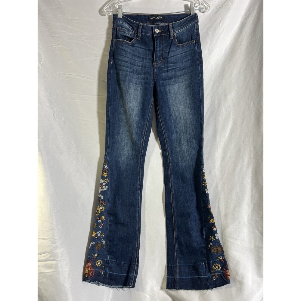 Ashley Mason Jeans Flare Stretch Denim Floral Embroidered 26 Boho Hippie